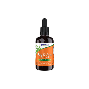 A 59 ml bottle of Now Foods Pau D'Arco Extract Liquid with a dropper cap and orange-green label—perfect for those seeking immune system support.